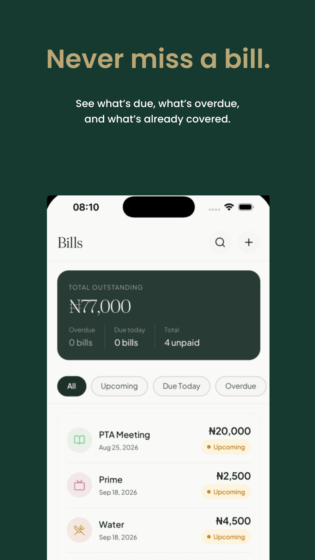 Akù mobile app bill-management interface